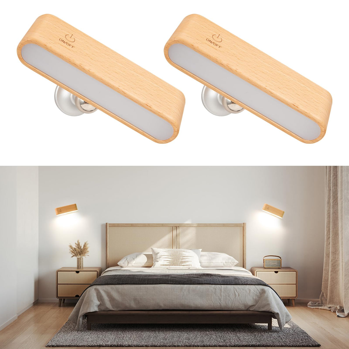 Solid Walnut/Elm Magnetic Wall Lamp with 360° Rotation & Rechargeable Battery