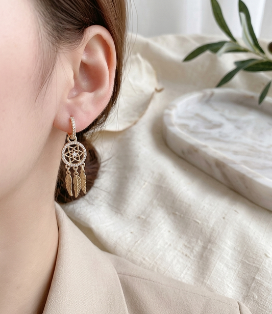 Dreamcatcher 14k Solid Gold Earrings - hoop earrings