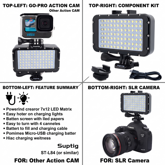 Suptig Underwater LED Dive Light - 84 High-Power Dimmable LEDs, Waterproof 164ft for GoPro & Cameras